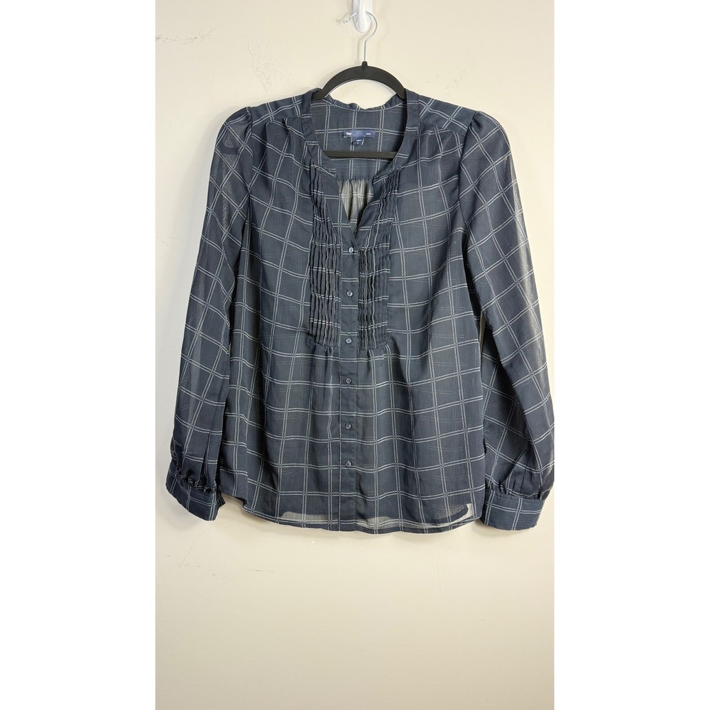 Gap Blouse Navy Blue Windowpane Pintuck Pleated Sheer Top Women Size S